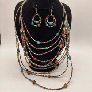 Vintage Multicolor 10 Wire Strand Beaded Necklace with 2 Strand Beaded Earrings